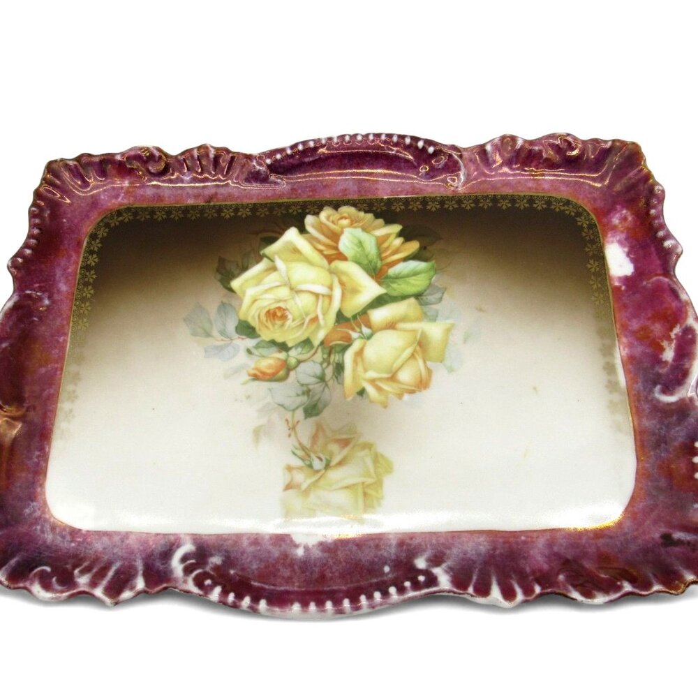 BAVARIA PORCELAIN Tray with Yellow Roses Scalloped Edges Germany Vintage 11"